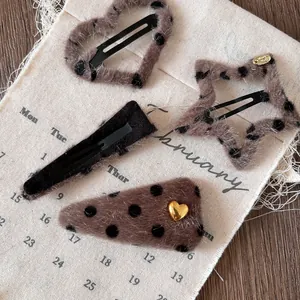 Plush leopard print hair clips set with heart and star shapes for women and girls