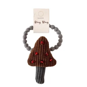Cute mushroom embroidered velvet elastic hair tie for girls with knit texture and red beads