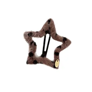 Brown leopard print star hair clip with handmade metal tag for women and girls