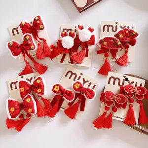 Pinzas para el Cabello con Lazo Rojo Estilo Chino con Borlas Bordado Piel Sintética Accesorios Festivos para el Cabello
