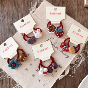 Cute Cartoon Kids Hair Ties Elastic Hair Bands Resin Bunny Bear Strawberry Flower Patterns Bowknot Red Girls Hair Accessories