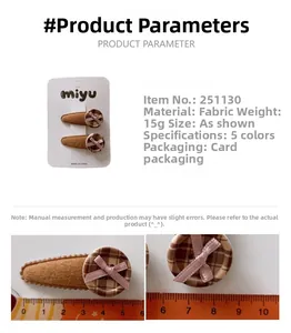 Brown checkered button hair clips for girls on display card with measurement scale