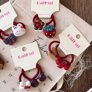 Cute cartoon hair ties set with colorful rabbit and strawberry charms for girls