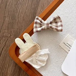 Cute Korean style hair clips set with brown plaid bow and white felt rabbit design