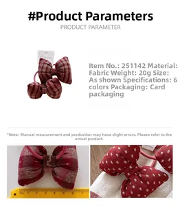 Close-up of red plaid stuffed bow hair tie with measuring ruler showing dimensions
