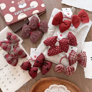 Sweet red plaid and polka dot bow hair scrunchies set for girls New Year hair accessories