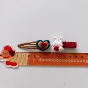 Cute cartoon bunny and heart hair clips set for girls, dark style accessories with ruler scale