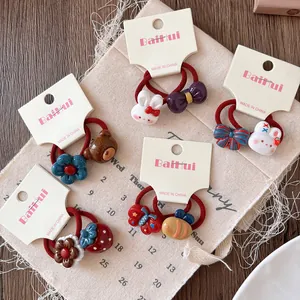 Set of 5 cartoon resin charms elastic hair ties with bear, rabbit, and floral patterns