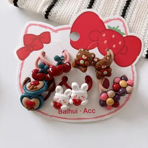 Detail of 10-piece cute cartoon rabbit and cherry elastic hair bands for girls' pigtails