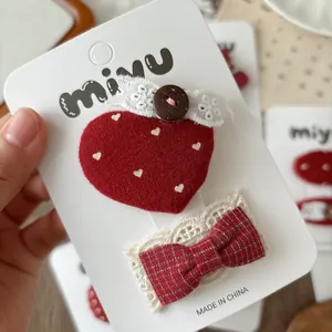 Barrettes à cheveux rouges pour filles avec nœuds en dentelle et motifs cœurs