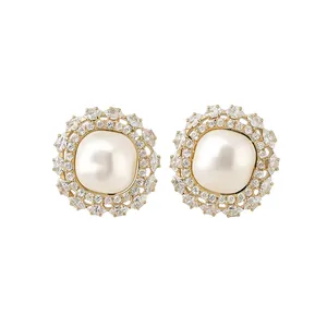 Elegant 18k gold plated flower stud earrings featuring pearls and sparkling zircon