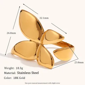 Polished 18K gold plated stainless steel butterfly open ring for women jewelry
