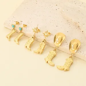 Detailed view of gold stainless steel Western cowboy boot and hat drop earrings set