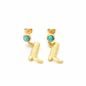 Gold-plated stainless steel cowboy boot earrings with turquoise stud and measurements