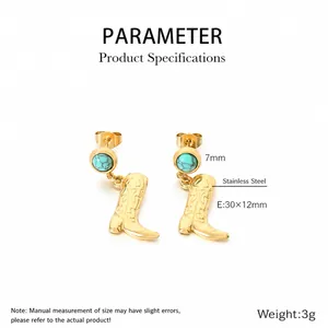 Gold-plated stainless steel cowboy boot earrings with turquoise stud and measurements