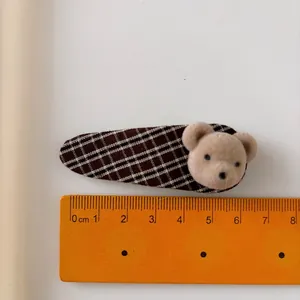 Cute brown plaid hair clip with plush teddy bear decoration for girls and children