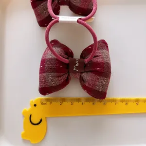 Red plaid fabric bow hair tie with Miao embroidery and elastic pink hair band accessory