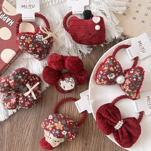 Red Floral Kids Hair Ties Sweet Bowknot Heart Mushroom Apple Design Fabric Hair Accessories For Girls New Year Gift