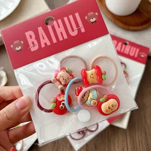 6pcs red cartoon hair ties set for girls with cute resin bear and fruit charms