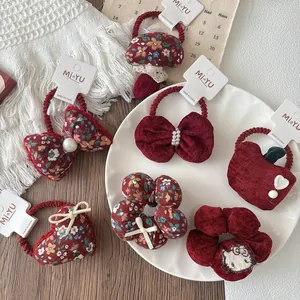 6-piece set of red floral velvet hair ties with bow and embroidered cat patterns