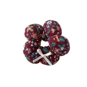 Floral velvet red hair scrunchie with sweet white ribbon bow for kids New Year style
