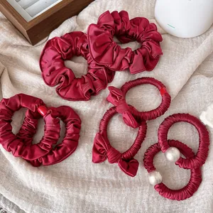 Elegant 6-piece wine red hair scrunchies set with bowknot and pearl decorations
