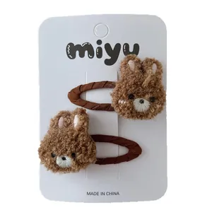 Cute brown plush bunny hair clips set on card, Korean style fuzzy rabbit accessories