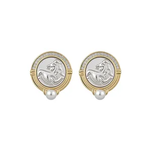 Vintage French style horse head stud earrings with cubic zirconia and elegant dangling pearls