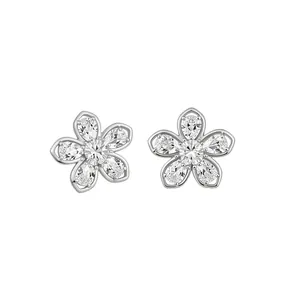 Elegant French style flower ear clips with sparkling zircons in a silver finish