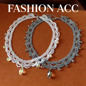 Vintage Stainless Steel Glass Bead Scalloped Lace Necklace For Women Luxury Waterdrop Pendant Choker Resort Forest Jewelry