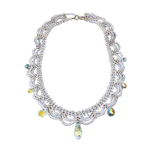 Vintage-style stainless steel beaded lace necklace with iridescent glass teardrops.