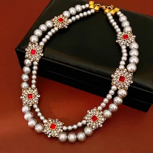 Vintage Double Layer Artificial Pearl Necklace Gold Alloy Flower Pendant Red Rhinestone Clavicle Chain Jewelry For Women