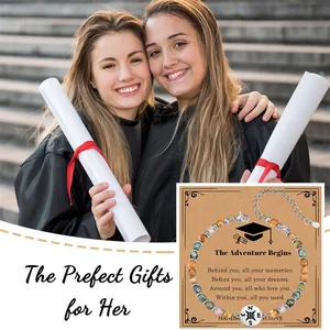 Graduation gift natural stone bracelet with compass charm and inspirational message card for her