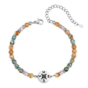 Natural stone compass charm bracelet with African turquoise and crystal beads