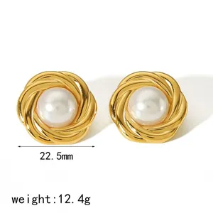 Detail view of vintage pearl stud earrings with 22.5mm size and 12.4g weight