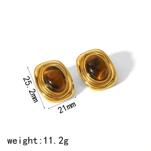 Vintage tiger eye stone stud earrings in 18k gold plated stainless steel, 25mm size.