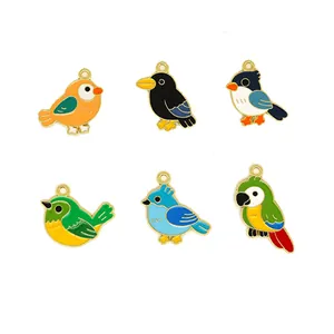 Set of 6 vibrant enamel bird charms including parrot and crow for DIY jewelry making
