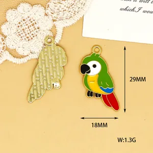 Close-up of colorful bird enamel charm showing front, back, and 29mm dimensions info