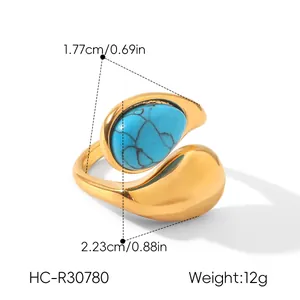 Detail view of water drop open ring with turquoise stone showing dimensions and weight