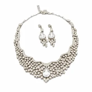 Luxury hollowed-out diamond necklace and water-drop earring set for gala events