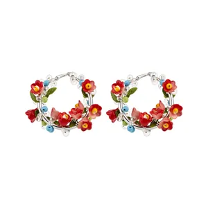 Ethnic style colorful beaded floral hoop earrings with 925 silver pins for women