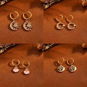 Juego de Joyas de Acero de Titanio Árbol de la Vida Sol Luna Estrella Concha Strass Collar Pendientes para Mujer Regalo
