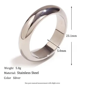 Detailed view of 5mm silver stainless steel ring with 23.1mm diameter and polished finish