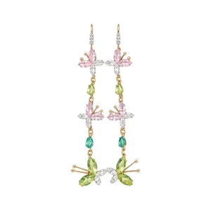 Long elegant butterfly drop earrings with colorful zircon stones on a white background