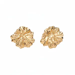 Elegant gold metallic pleated flower stud earrings with minimalist luxury design