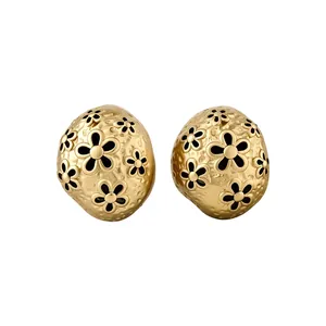 Vintage French style gold oval stud earrings with hollow flower patterns and black enamel