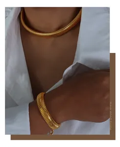 Close-up of gold snake bone gas pipe choker necklace and bracelet set on a model