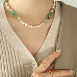 Collar de Empalme de Piedra Natural y Perla de Agua Dulce para Mujer Cuentas de Acero de Titanio Chapado en Oro 18K Joyería