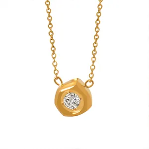 Chic geometric gold titanium steel necklace with a sparkling cubic zirconia pendant