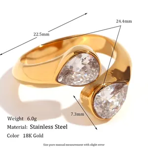 Gold 18K plated stainless steel bypass ring with dual pear-cut cubic zirconia stones